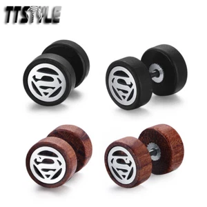 TTStyle 10mm Surgical steel Superman Round Wood Earrings Black/Deep Wood NEW - Picture 1 of 3