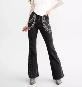 Pantalones de mezclilla elásticos acampanados con flecos de estrás tiro ultra alto azul con hebilla B talla XS 0-2 - Imagen 1 de 22