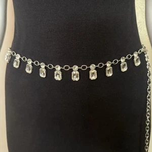 Silver tone metallic chain belt with rhinestone details - Picture 1 of 8