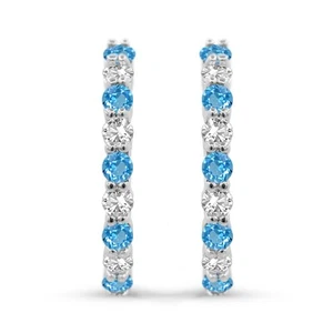925 Sterling Silver Swiss Blue Topaz & Lab Created White Sapphire Hoop Earrings - Picture 1 of 2