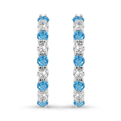 925 Sterling Silver Swiss Blue Topaz & Lab Created White Sapphire Hoop Earrings - Image 1 of 2