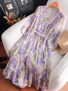 Temperament Floral Printed Mulberry Silk Dress Women's Long V-neck Belted Party - Picture 1 of 11
