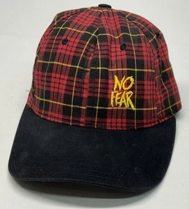 Vintage NO FEAR Hat Made In USA Plaid Red Black Yellow Adult Adjustable - Picture 1 of 12