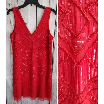 Parker NEW Luxury Black Collection Red Silk Beaded VNeck Sleeveless Mini Dress 4 - Image 1 of 4