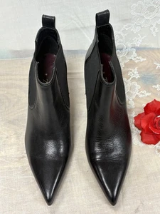ZARA- WOMEN- BLACK LEATHER-STRECTH ANKLE HEEL BOOTIES- SIZE 8. EUR-38. - Picture 1 of 16