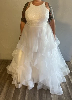 Vestido de novia David's floral lentejuelas en capas talla grande 20W blanco suave nuevo Foto 1 de 4