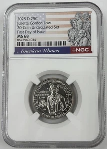 2025 D JULIETTE GORDON LOW AMERICAN WOMEN AWQ NGC MS68 ⭐FIRST DAY OF ISSUE⭐ - Picture 1 of 2