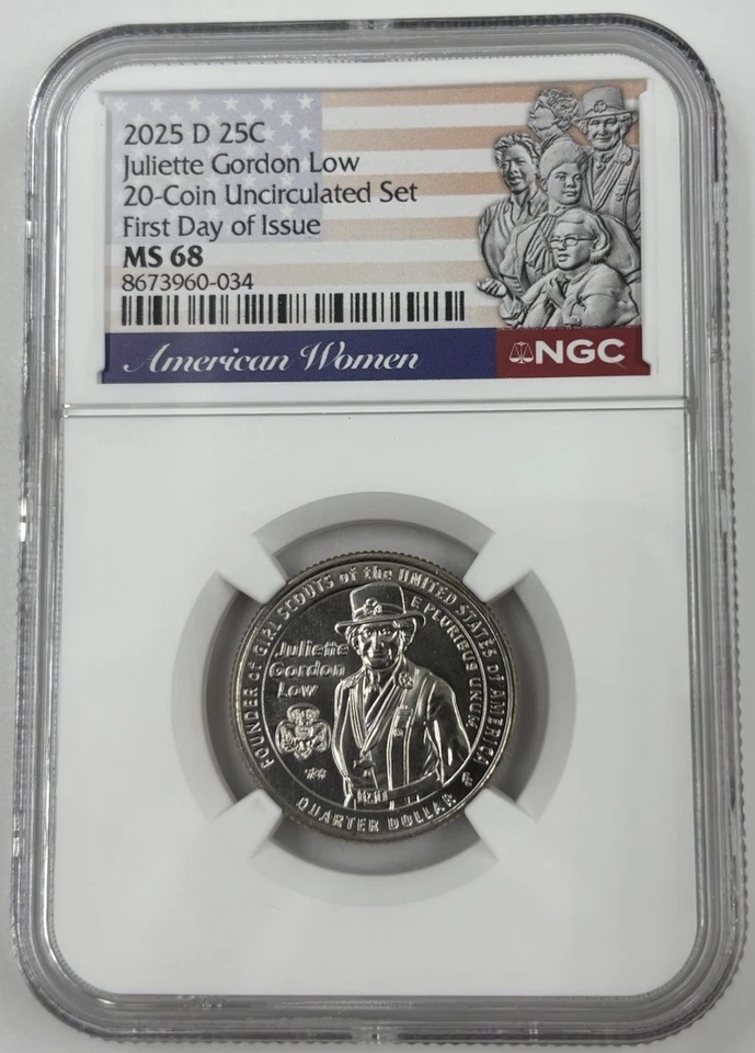 2025 D JULIETTE GORDON LOW AMERICAN WOMEN AWQ NGC MS68 ⭐FIRST DAY OF ISSUE⭐ - Image 1 of 2
