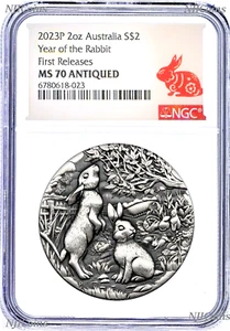 2023 Australia Antiqued LUNAR Year of the RABBIT 2oz $2 Silver Coin NGC MS70 FR - Picture 1 of 4