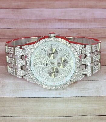 NY LONDON Hombres Hip Hop Helado Acabado Plateado Metal Eslabón Banda Reloj Rapero Nuevo Foto 1 de 4