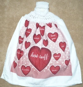 1 Crochet Top Hanging Kitchen Towel Valentine Candy Hearts, Full white yarn - Picture 1 of 1