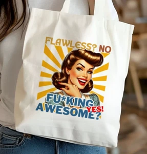 Flawless No Awesome Yes Funny Tote Canvas Bag Gift Christmas Stocking Filler - Picture 1 of 2