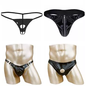 Men's Shiny Leather Bikini Briefs Lingerie G-String Thongs Jockstrap with AU - Picture 1 of 30