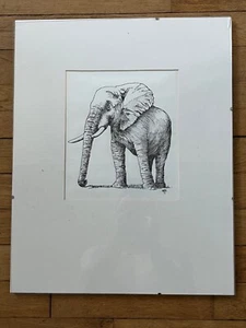 Kunst Zeichnung, Lithographie? Elefant signiert gerahmt unter Glas zum reparieren (L17/A2) - Bild 1 von 7