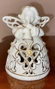 Estatuilla/ornamento vintage Lenox Porcelin Angel Bell (blanco con adornos dorados y perla) - Imagen 1 de 9