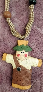 Primitive Country Scarecrow Pendant 27" Necklace Folk Art Rustic Fabric Beads - Picture 1 of 3