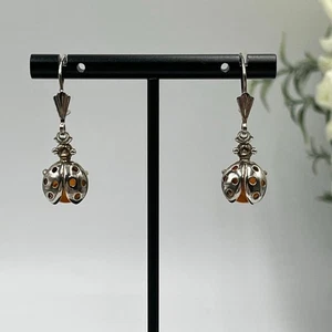 Sterling Silver 925 Genuine Amber Ladybug Drop Dangle Earrings  - Picture 1 of 9