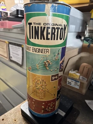 #155 Giant Engineer Set Tinkertoy Wood Parts Vintage Canister With Lid - Image 1 of 4