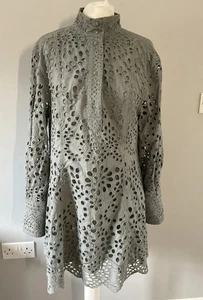 Abito al ginocchio H&M verde salvia ricamato broidery cotone anglaise taglia S UK 8 10 - Foto 1 di 8