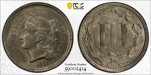 1867 P Three Cent Nickel PCGS MS-63 - Picture 1 of 1