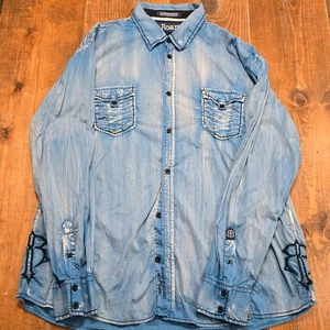 Roar Buckle Embroidered Long Sleeve Button Up Blue And white Shirt Mens 3XL - Picture 1 of 7