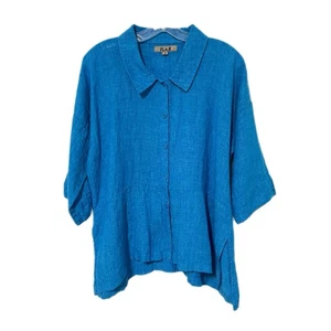 Flax 100% Linen Oversized Tunic Top Turquoise Button Front Shirt Women's Small - Picture 1 of 11