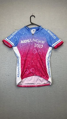 Camiseta Voler Ciclismo Feminina Média Azul Rosa AIDS/LifeCycle 2017 Zíper Completo EUA - Imagem 1 de 4