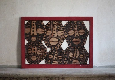 Tableau vintage panneau bois peint, tableau signé, visage africain, pyrogravure - Photo 1/4