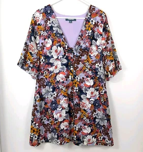 MODCLOTH Bright Floral Retro Dress SZ 14 Button Up Front - Picture 1 of 24