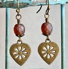 Bronze Tone Etched Heart and Opalescent Amber Picasso Czech Bead Earrings. Love.