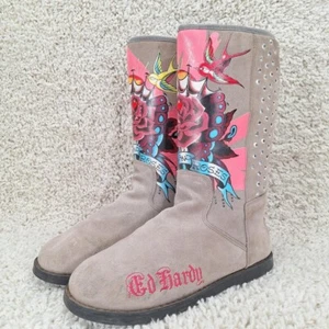 Ed Hardy Women's Boots Y2k Suede Boots, Faux Fur Lined, Printed, Rhinestone. - Picture 1 of 8