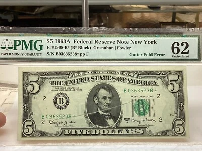 $5 1963A Star Note * PMG 62 Gutterfold Error Annotation Small Tear Fr#1968-B* - Image 1 of 4