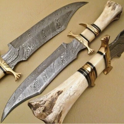BEAUTIFUL CUSTOM HAND MADE DAMASCUS STEEL HUNTING BOWIE KNIFE HANDLE CAMEL BONE - Image 1 of 4