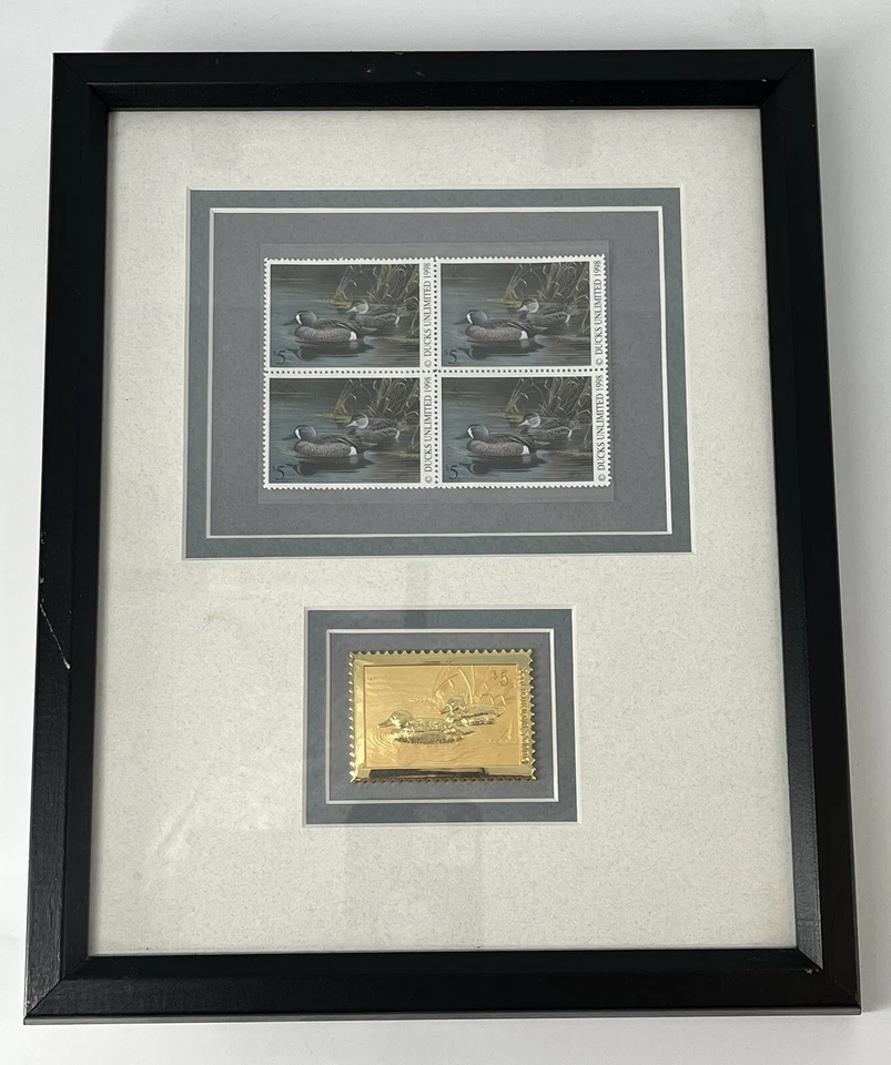 Framed 1998 Ducks Unlimited Block of Four $5 Duck Stamps with Gold Stamp Replica - Image 1 of 4