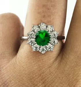 1,10 kt grüner Smaragd & echter Diamant Blume Halo Verlobungsring 14 K Gold - Bild 1 von 12