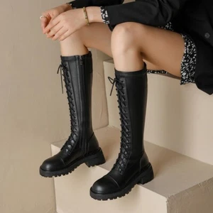 Womens Western Cowboy Lace Up Knee High Boots Real Leather Knight 5cm Block Heel - Picture 1 of 28