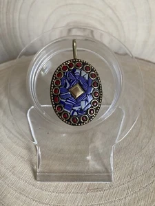 Colgante de mosaico tibetano óvalo oblongo de coral natural y piedras preciosas azules - Imagen 1 de 3