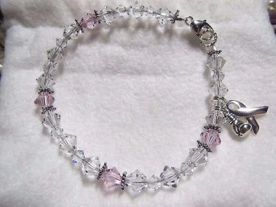 Осведомленность о раке молочной железы ~ борьба за лечение ~ браслет с брелоками из чистого серебра и кристаллов - Изображение 1 из 4