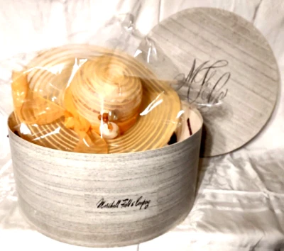 1960s Wide Brim Fashion Peach Mesh Hat Bow & Shell Adornment Marshall Fields Box - Image 1 of 4