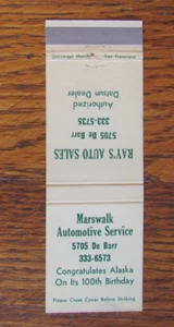 ANCHORAGE, ALASKA MATCHBOOK COVER: MARSHWALK AUTOMOTIVE & RAY'S AUTO SALES -A - Picture 1 of 1