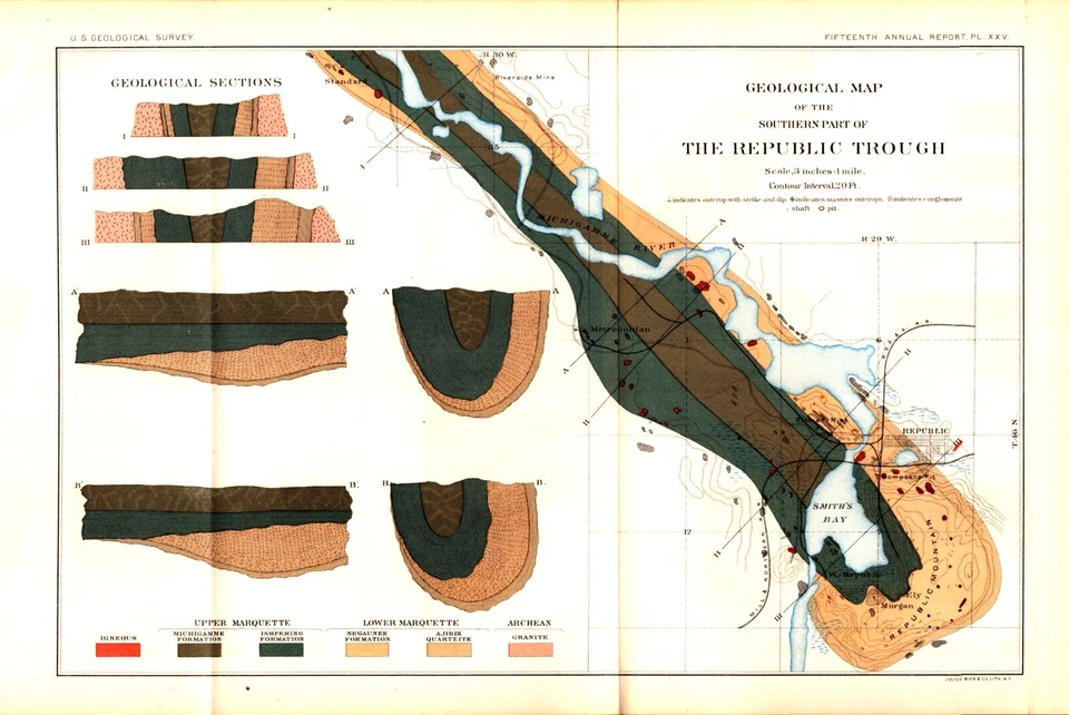 MARQUETTE, SMITH'S BAY, MICHIGAN "THE REPUBLIC TROUGH" Antique geology map 1895 - Image 1 of 1