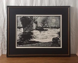 Vintage Linocut, puerto marítimo, artista ucraniano Gorobets, Linoprint - Imagen 1 de 7