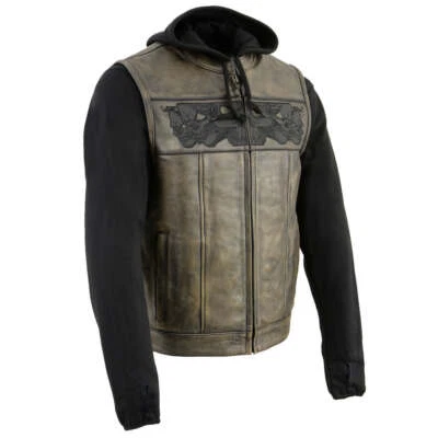 Milwaukee Leather 3561 Men's Distressed Brown Leather Vest W/ Removable Hoodie - Image 1 of 4