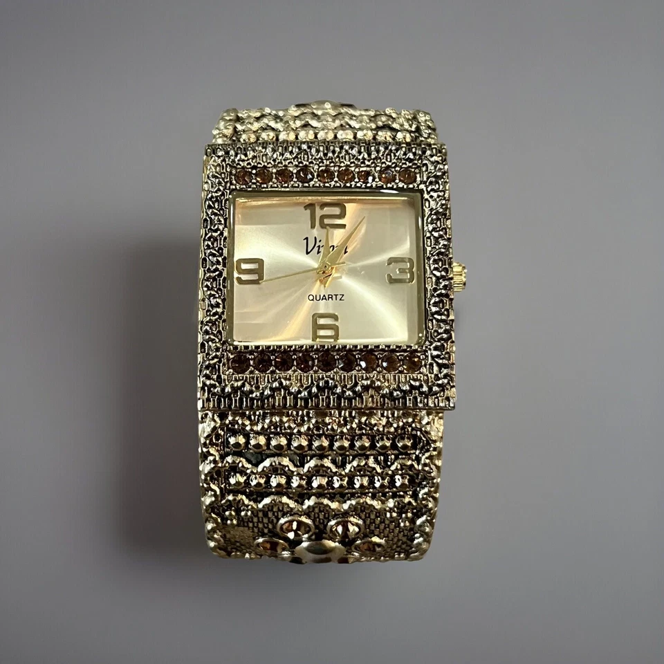 VTG  Vivani Women's Gold Tone Spring Loaded Open Cuff Quartz Watch Running  D2 - Image 1 of 4
