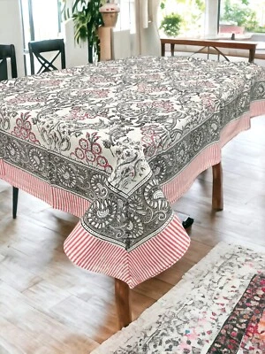 Indian Hand Block Print Tablecloth 100%Cotton Floral Rectangular 60*90 Inch Grey - Image 1 of 4