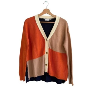 BLU PEPPER ORANGE BLUE BLOCK PRINT CARDIGAN SWEATER BUTTON UP SIZE MEDIUM - Picture 1 of 7