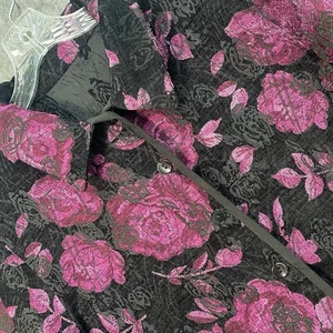 TANJAY Women's 16 Floral Rose Abstract Velour Button Jacket Blouse Black Purple - Picture 1 of 14