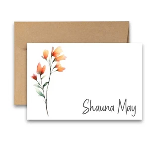PERSONALIZED - 12 Flat Note cards Floral Stationery with Envelopes Simple Flower - Picture 1 of 2