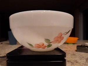 Vintage Fire King Peach Blossom Mixing -Serving Bowl - Pink Flowers-Milk Glass - Picture 1 of 6