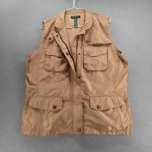 Lauren Ralph Lauren Vest Women XL Tan Utility Vest Belted Pockets Lined Zip Snap - Picture 1 of 13